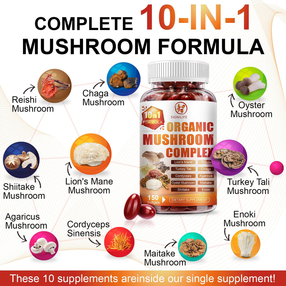 Front view of SIGNILIFE 10 in 1 Mushroom Supplement bottle