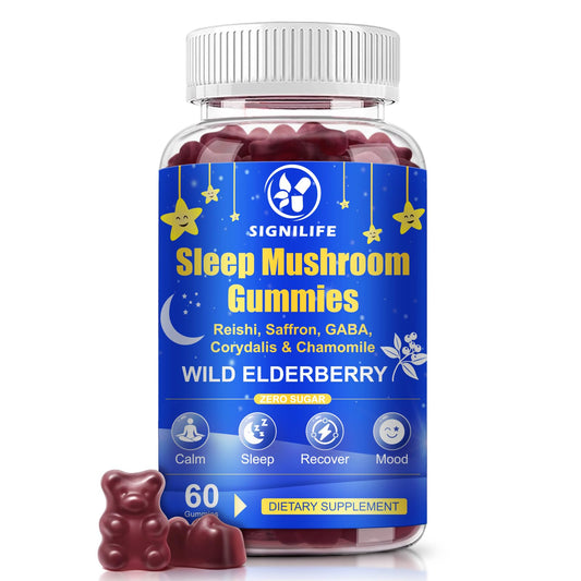 Bottled SIGNILIFE Sleep Gummies with Reishi and Lions Mane, elderberry flavor, 60-count