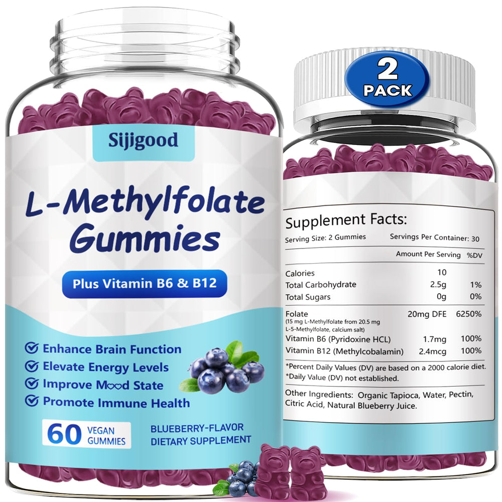 Front view of Sijigood 2-pack L-Methylfolate Gummies Blueberry 120 count