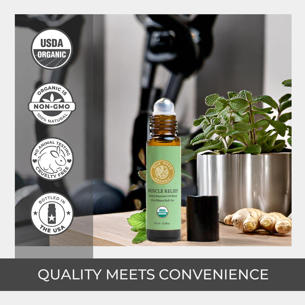 Roll-on applicator of Silk Road Muscle Relief with minty aroma