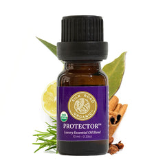 Front view of Silk Road Organic Protector essential oil bottle with dropper