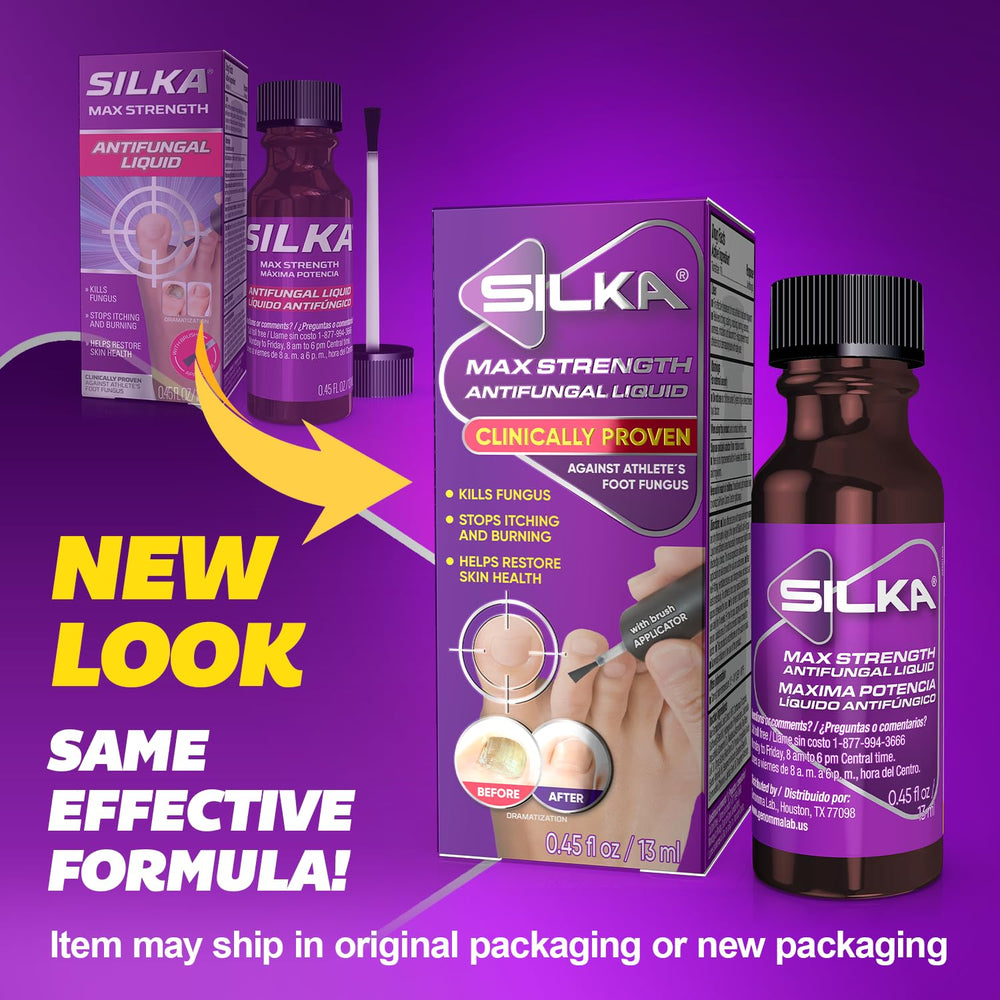 Toes or nails shown with Silka bottle for home antifungal care.