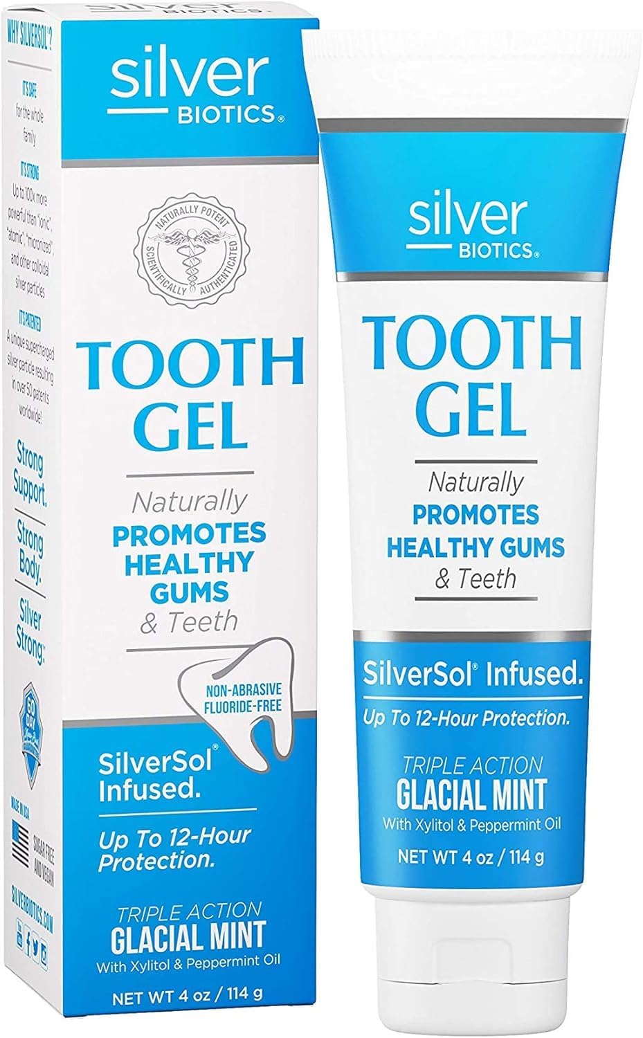 Front view of Silver Biotics Tooth Gel Glacial Mint 4 oz bottle