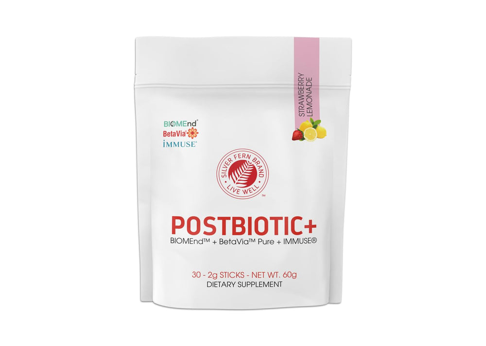 Silver Fern Brand Postbiotic+ Strawberry Lemonade powder bottle front view