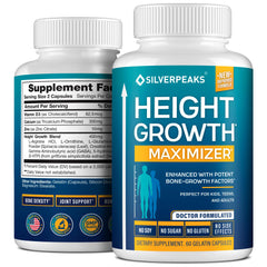 Silverpeaks Growth Capsules bottle close-up highlighting calcium for bone support