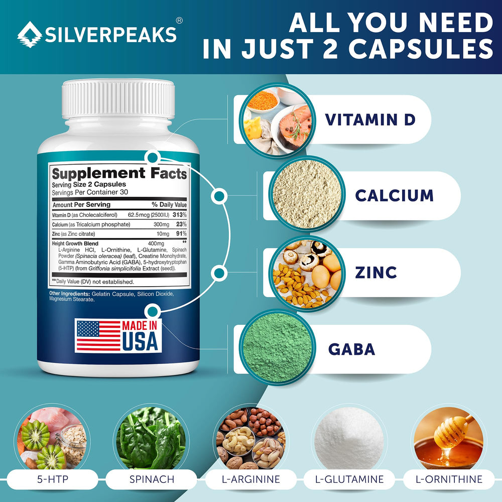Silverpeaks Growth Capsules ingredient panel shows calcium and vitamin D for bone health