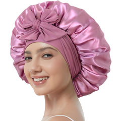 Simapu satin bonnet with tie band top view shows secure adjustable fit.