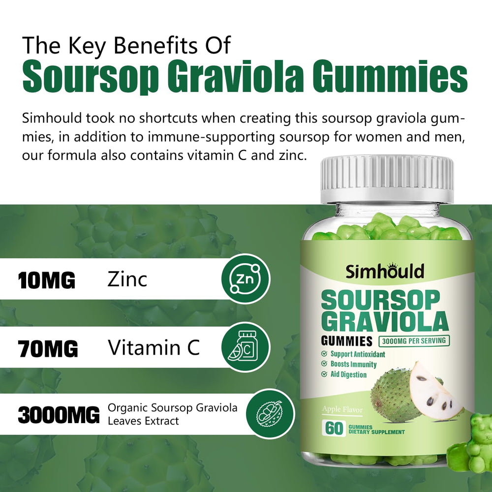 Label showing Simhould Soursop Graviola Gummies ingredients