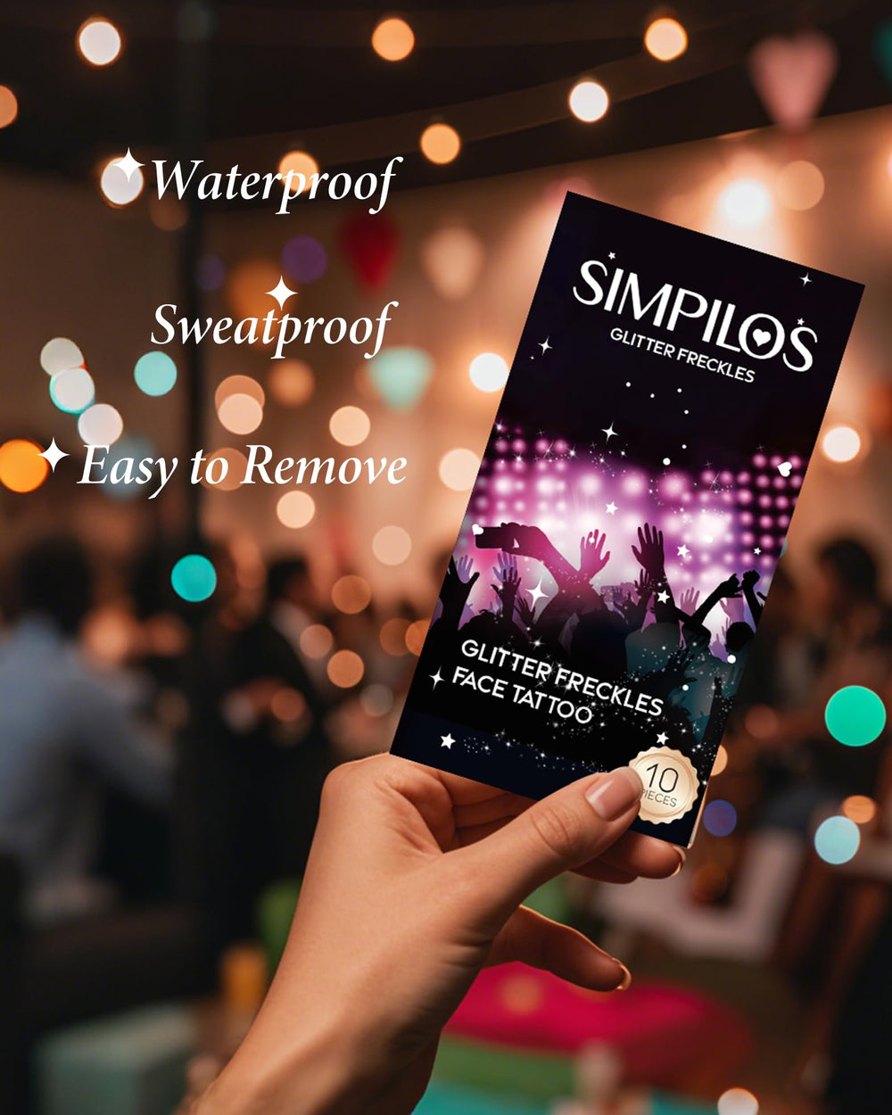 Simpilos Glitter Freckles on shoulder provide festival-grade shine for outfits.