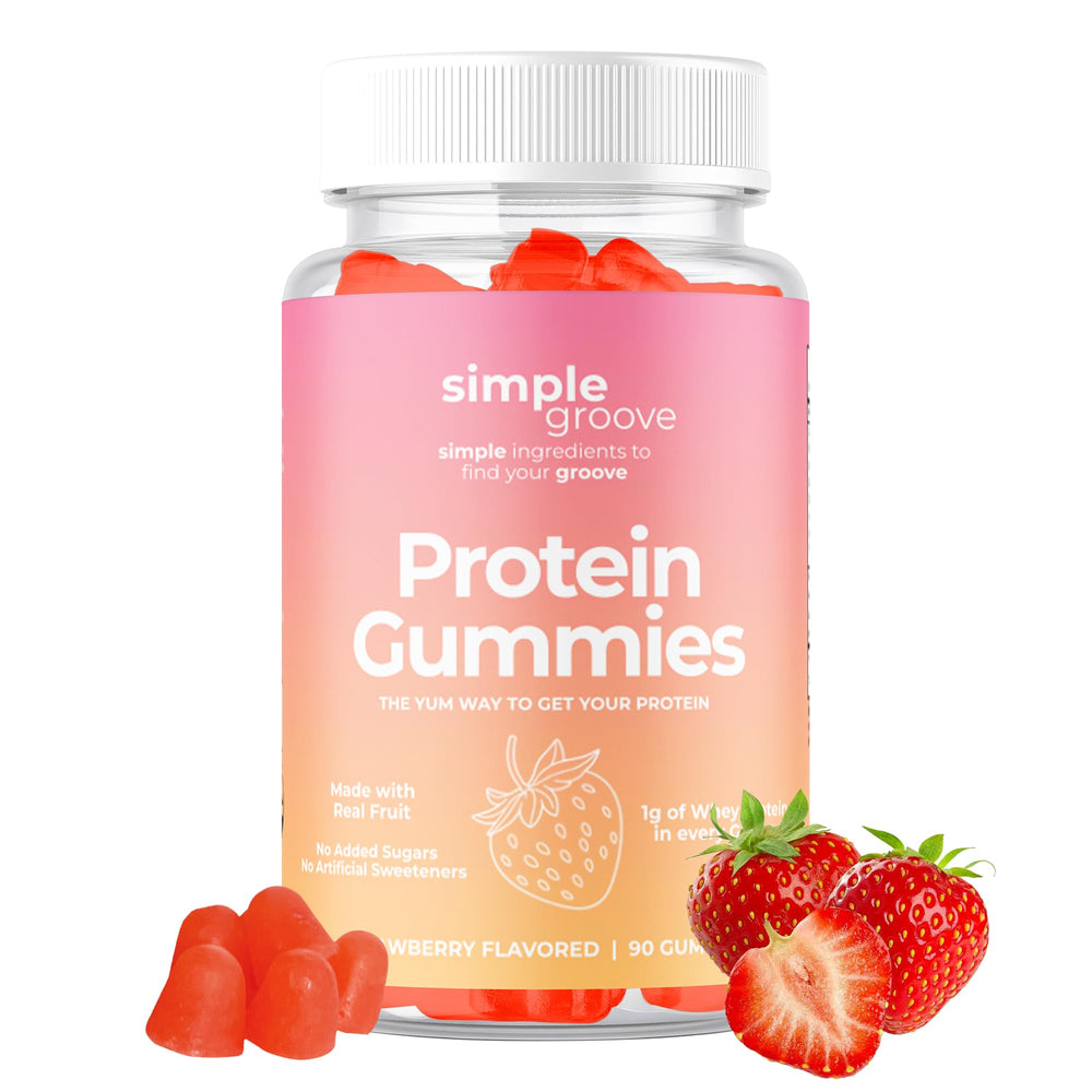 Front view of the Simple Groove Protein Gummies bottle, 90 count.