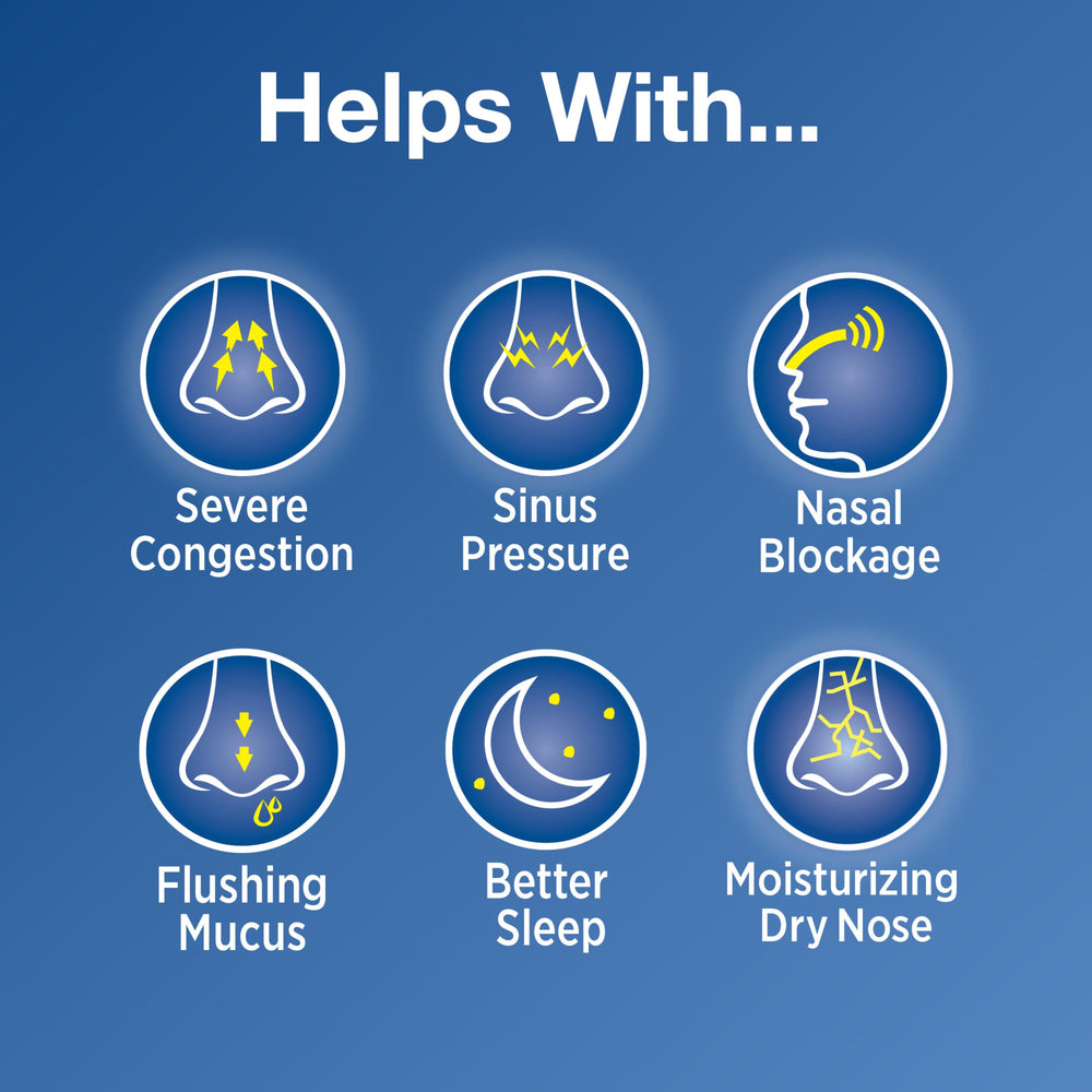 Simply Saline adaptable nozzle delivers precise mist for targeted nasal relief.