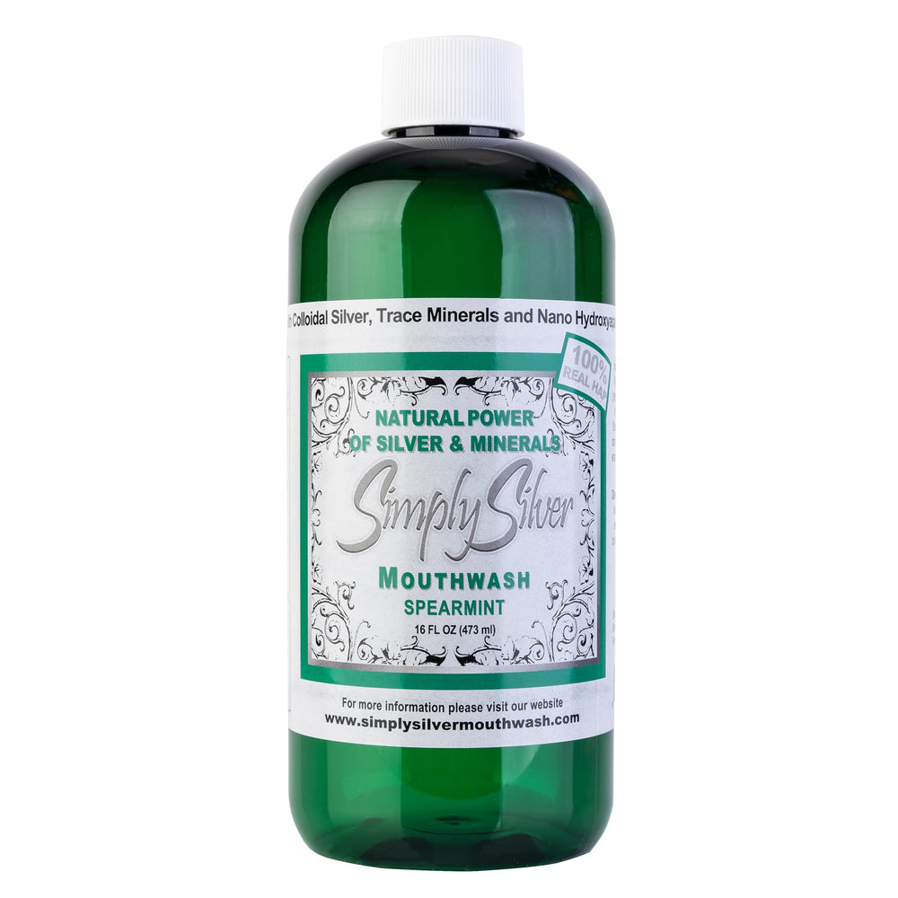 Bottle of Simply Silver Mouthwash Spearmint flavor, 16 oz