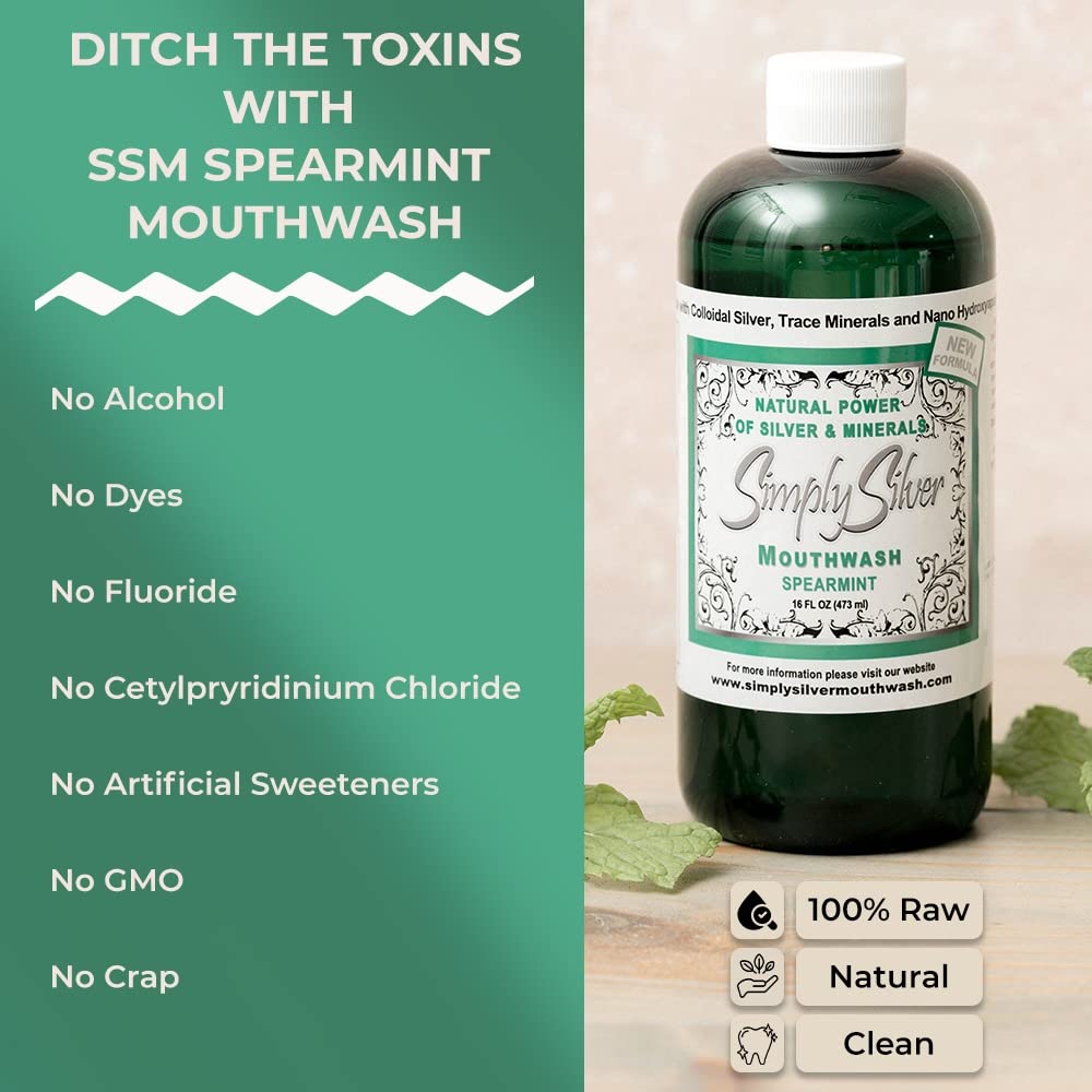 Close-up of nano hydroxyapatite formula on Simply Silver Mouthwash