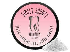 Ingredients label showing Bentonite clay, vegan calcium carbonate, birch xylitol, magnesium, Himalayan salt, bubblegum flavor
