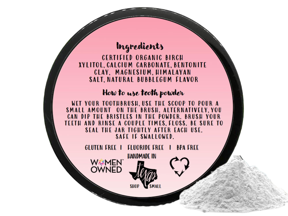 Close-up of the Simply Sooney tooth powder jar open with powder