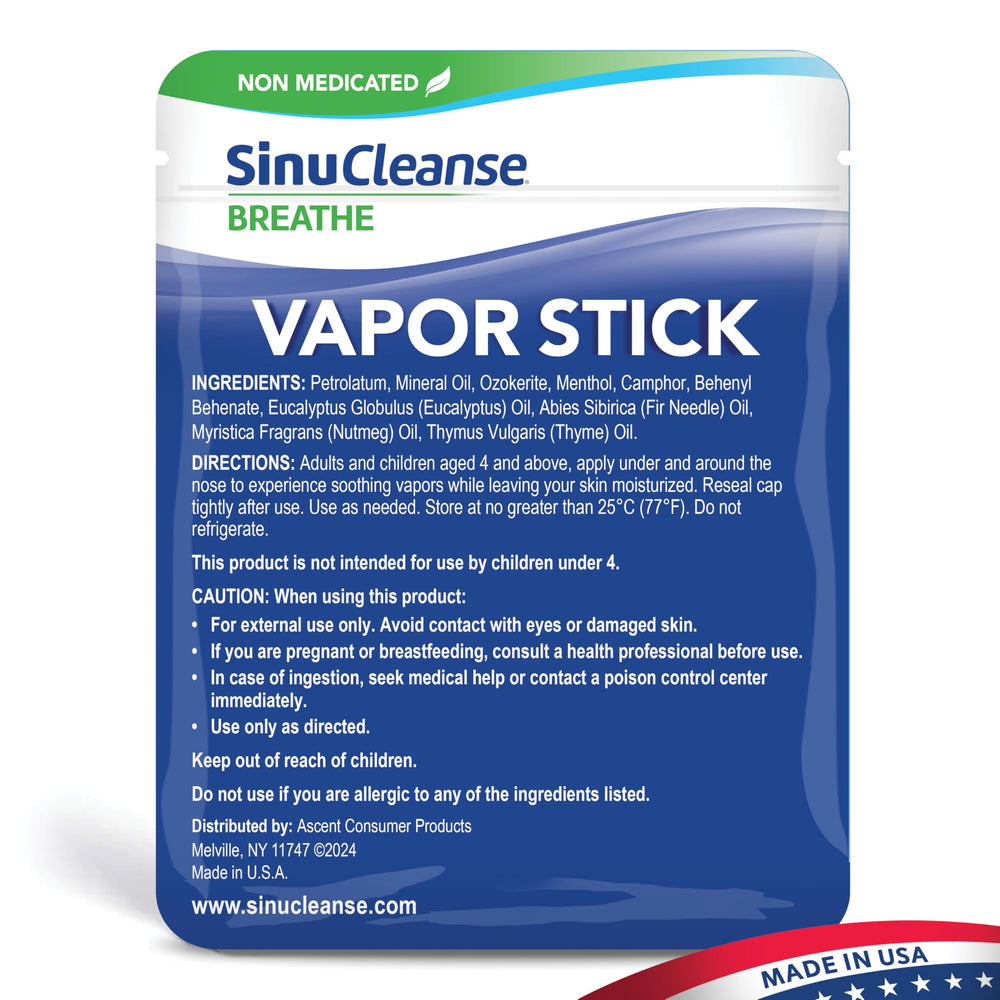 SinuCleanse Vapor Stick made-in-usa label emphasizes quality and safety.