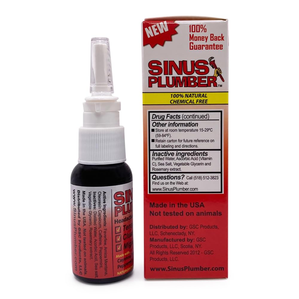Sinus Plumber Headache Nasal Spray packaging shows compact, travel-friendly design