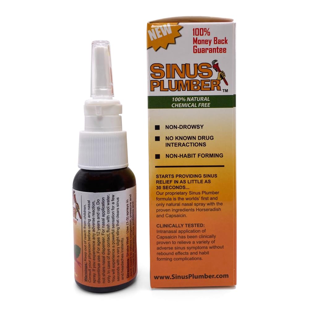 Sinus Plumber Pepper Nasal Spray packaging highlights easy-dose use.