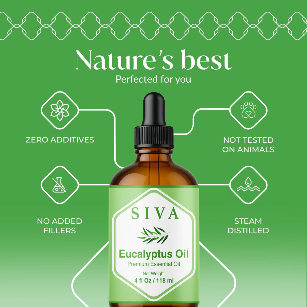 Close-up of Siva Eucalyptus Essential Oil bottle