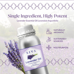 Close-up of SIVA Lavender Essential Oil bottle