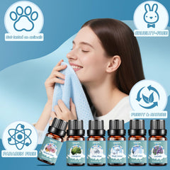 Six fragrance diffuser oil bottles displayed together.