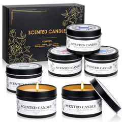 Six jars of scented candles in a gift set featuring Iris & Camellia, Rose, Vanilla, Pear & Freesia, Green Tea, Jasmine.