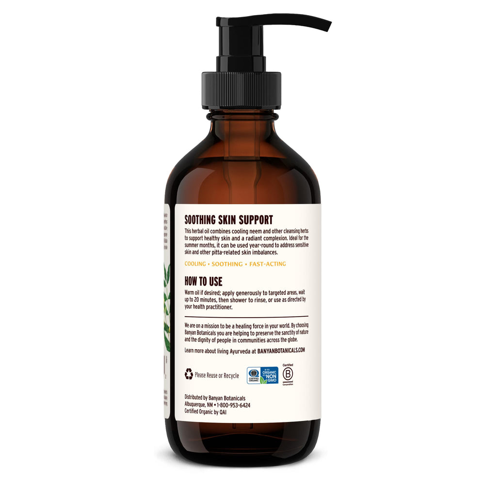 Illustration of applying Neem Oil+ to skin for massage or facial care