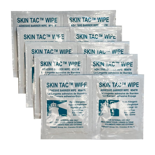 Skin-Tac adhesive wipes packaging closeup highlighting portable pouch convenience