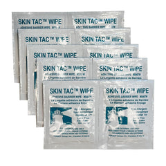 Skin-Tac adhesive wipes packaging closeup highlighting portable pouch convenience
