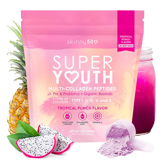 Front label of SkinnyFit Super Youth Collagen Tropical Punch container