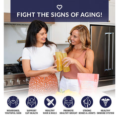 Nutrition/ingredient highlight showing multi collagen peptides, probiotics, and hyaluronic acid