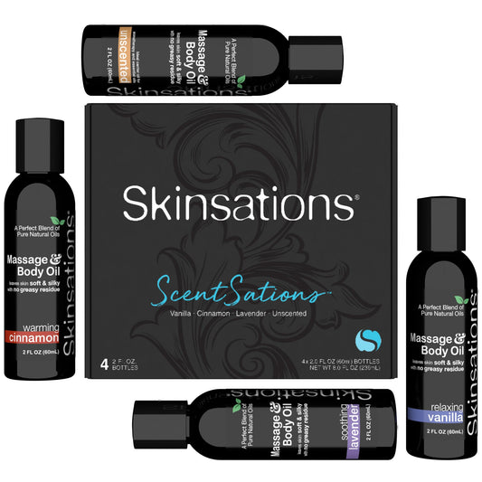 Skinsations Massage Oil Kit set of 4 bottles: unscented, vanilla, cinnamon and lavender