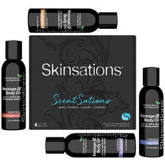Skinsations Massage Oil Kit set of 4 bottles: unscented, vanilla, cinnamon and lavender