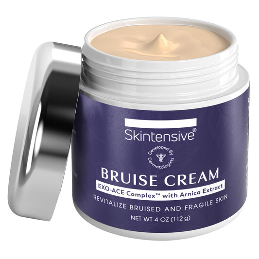 Skintensive Arnica Bruise Cream jar closeup highlighting compact packaging for on-the-go skin care.