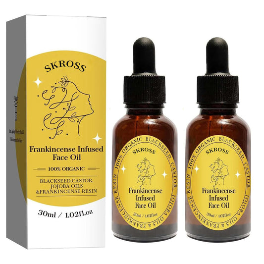 SKROSS Frankincense Resin Oil bottle hints at hydration for radiant skin.