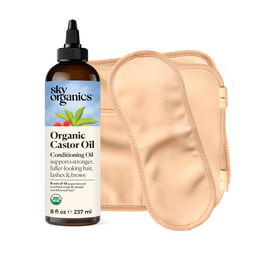 Sky Organics 8 oz castor oil bottle with two adjustable cotton wraps