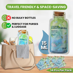Close-up of a single mint Skywin mouthwash packet