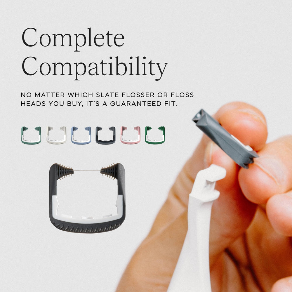 Lifestyle shot of slate flosser refills with device