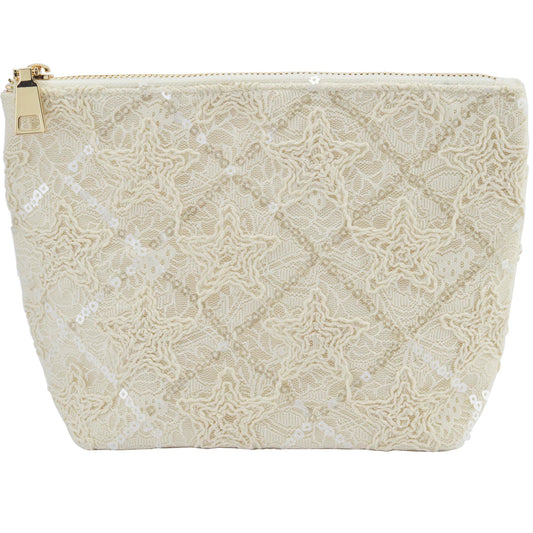 Sliimagetu canvas cosmetic bag with lace embroidery for organized travel storage.
