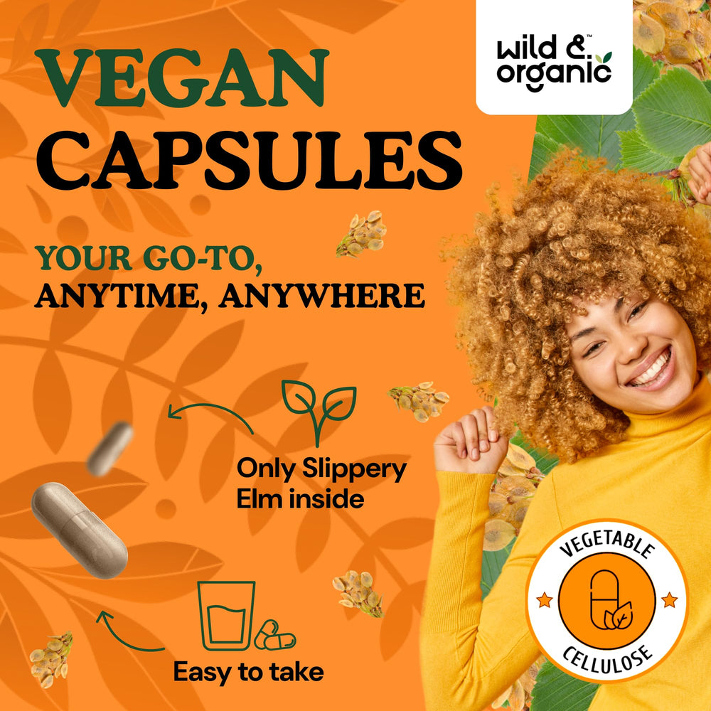 Capsules highlighting digestive support from slippery elm bark