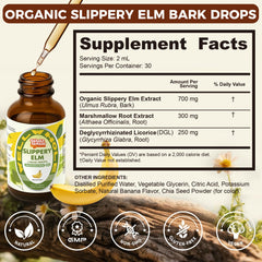 Close-up of Slippery Elm Liquid Drops bottle with label