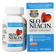 Slo-Niacin 500 mg bottle with 100 capsules, slow-release formulation