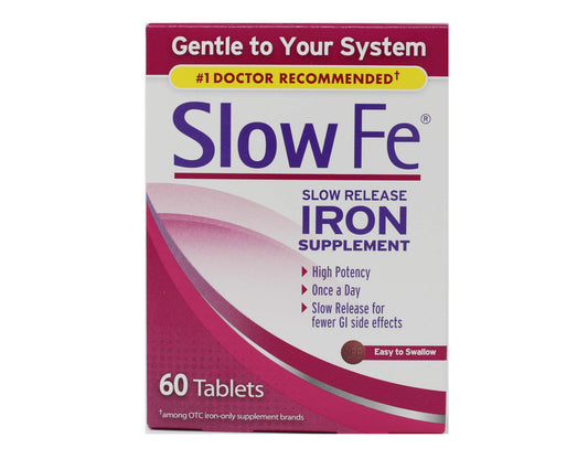 Slow Fe packaging image showing 60 tablets in a pack of 2