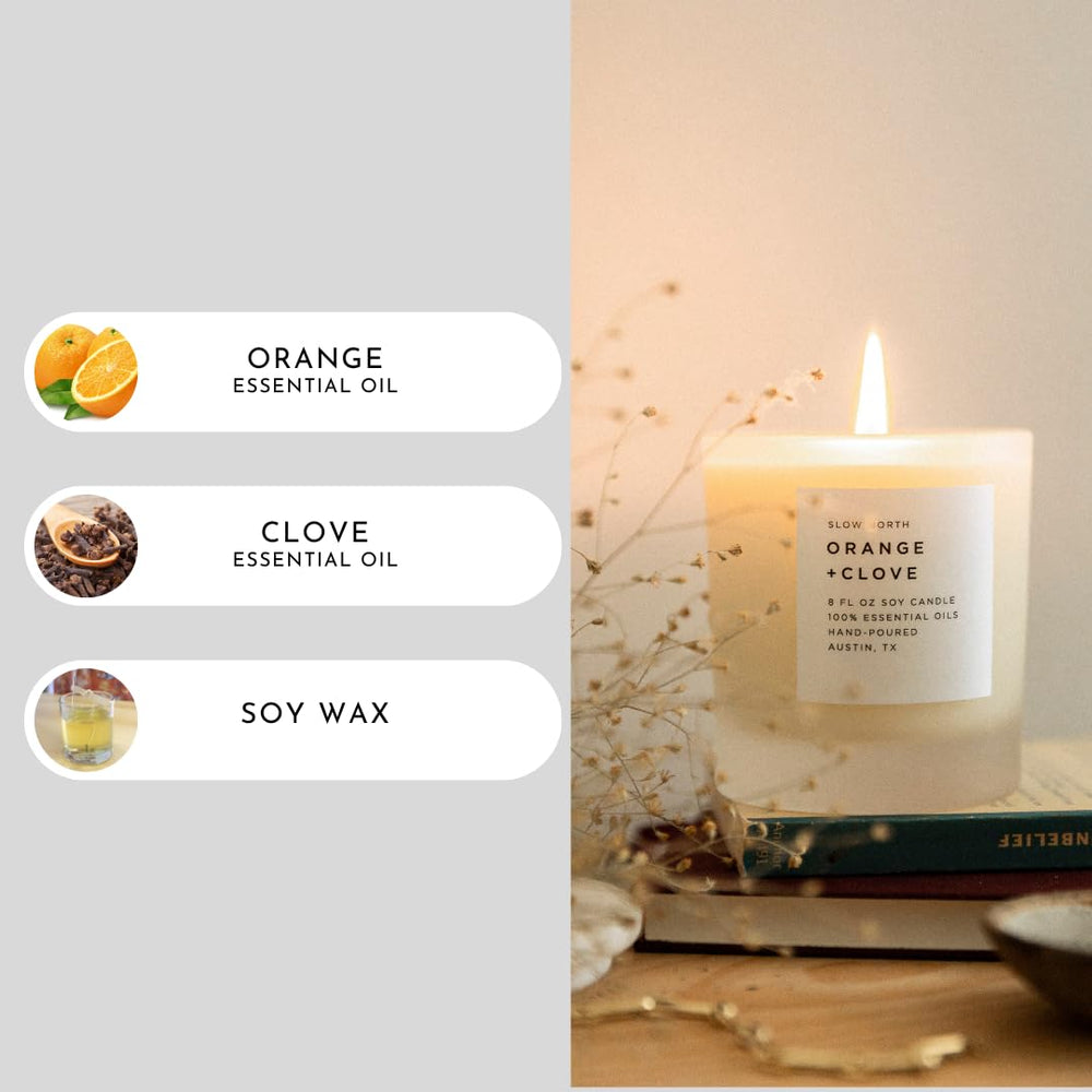 Side view of Slow North Orange + Clove Candle in frosted jar