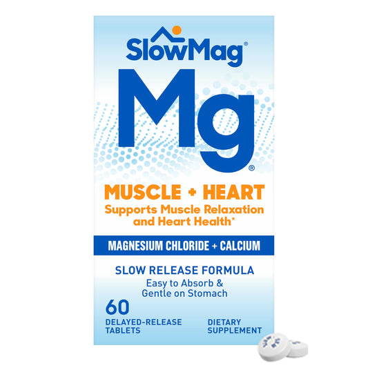 SlowMag Muscle + Heart bottle label showing magnesium chloride and calcium