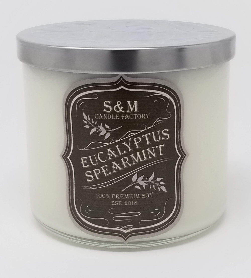 S&M Candle Factory eucalyptus spearmint 3-wick white candle for calming ambiance.
