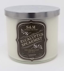 S&M Candle Factory eucalyptus spearmint 3-wick white candle for calming ambiance.