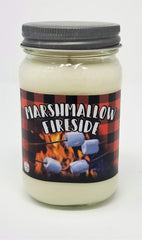 S&M Candle Factory Marshmallow Fireside jar glows warmly for cozy, aromatic living room ambiance.
