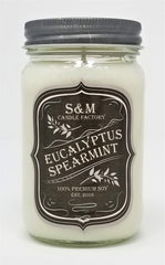 S&M Candle Factory stress-free eucalyptus spearmint 16oz jar for calming ambience.