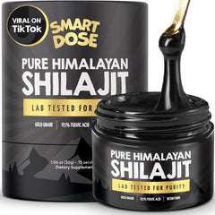 Smart Dose Himalayan Shilajit resin jar showing 85% fulvic acid in a medium jar
